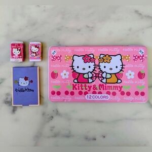 Hello Kitty Pencil Case, 11 Color Pencils, 2 Erasers (New) and a Mini Mirror.